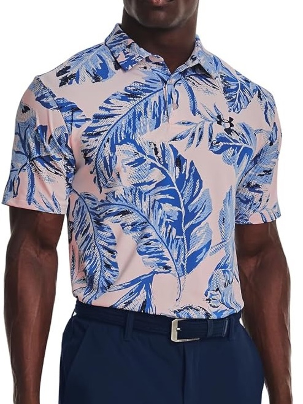 Under Armour Men’s Pink Playoff 2.0 Polo Blue Tropical Leaves Rush Red Tint Sz S